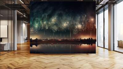 Panorama of fireworks in the dark sky against the background of a distant city Wall mural