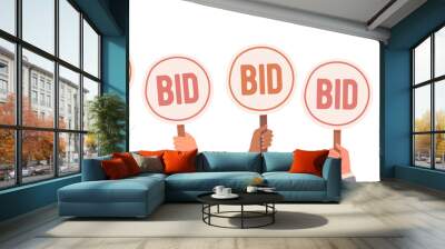 Auction bidding. Hands holding bids. Auction and bidding concept. Sale and buyers. Vector illustration Wall mural