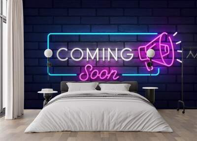 Coming Soon neon sign, bright signboard, light banner. Coming Soon logo neon, emblem. Vector illustration Wall mural