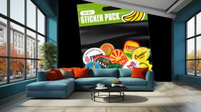 Fruit sticker pack. Packaging with fruits stickers. Peeled Paper Stickers. Product packaging with transparent plastic packet. Isolated vector on black background Wall mural