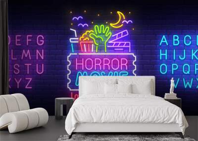 Horror movie neon sign, bright signboard, light banner. Night Cinema logo. Neon sign creator. Neon text edit. Vector illustration Wall mural