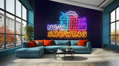 Movie neon sign set, bright signboard, light banner. Cinema logo neon, emblem. Vector illustration Wall mural