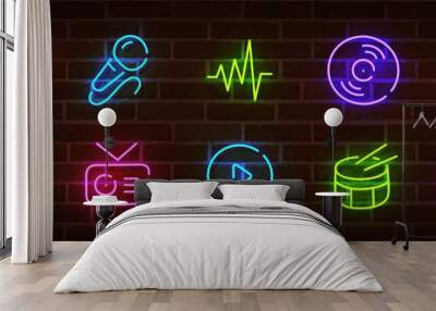 Music neon sign, bright signboard, light banner. Music logo neon, emblem. Vector illustration Wall mural