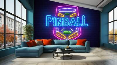 Pinball neon sign, bright signboard, light banner. Pinball logo neon, emblem. Vector illustration Wall mural