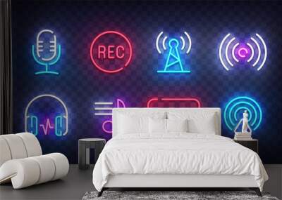 Podcast icon neon. Podcast light signs. Sign boards, line art light banner. Vector Illustration Wall mural