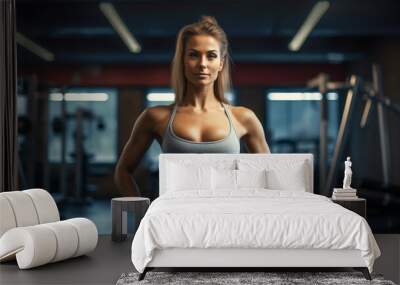 Portrait young girl in GYM. Bodybuilder woman with muscle. Female top close up. Wall mural