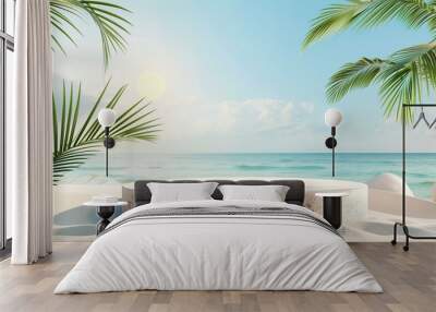 Beach podium background product summer sand display stand sea cosmetic. Product summer background podium beach sky scene presentation platform nature blue pedestal beauty water mockup stone palm sun Wall mural