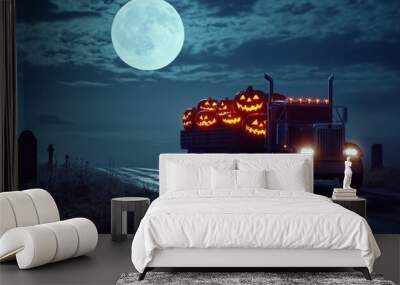 Cargo truck carrying shining carved Halloween pumpkins on the road next to the graveyard at midnight with full moon shining. Concept of cargo, shipping, logistics, delivery and Halloween celebration Wall mural