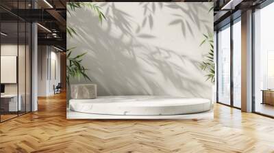 Podium background display bamboo product 3D platform cosmetic plant beauty. Podium white background display green leaf shadow marble stand presentation nature space empty scene stone fresh light Wall mural