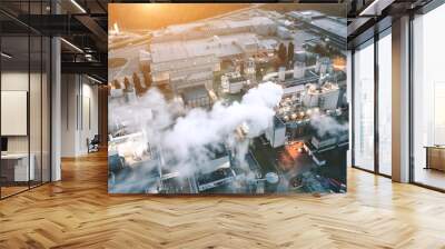 View of a heavily smoking factory at night, industrial area of the city of Wroclaw, Poland Wall mural