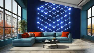 Cube of lines and dots, molecular lattice, geometric shape, network connection Wall mural