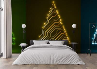 Set of abstract technology glowing Christmas tree made from circuit board Wall mural