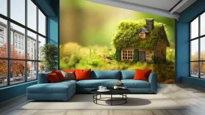 Miniature wooden house in the nature of the area. Eco illustration Wall mural