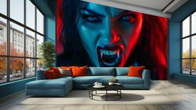 Woman vampire with open mouth and long fangs Wall mural