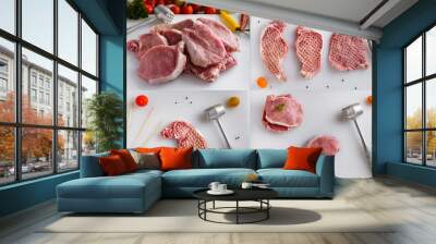 Raw meat, pork steaks on kitchen  table. Vegetables and meat hammer in the background.Meat processing with meat hammer.Raw meat, sliced pork steaks on kitchen  table. Collage of set photos. Wall mural