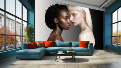 Black African model facing albino woman, on gradient contrast background with copy space Wall mural