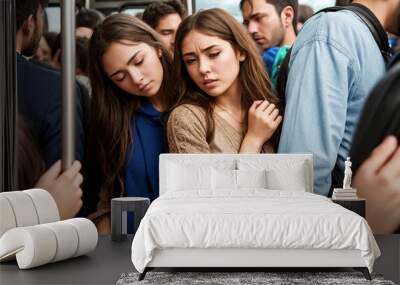 Discomfort of cramped public transportation, people are cramped, two sad young women Wall mural