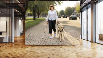 Film grain effect, Blind woman walking with guide dog on sidewalk, assistant helper for independent movement on street Wall mural