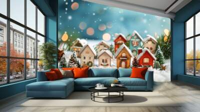 Charming winter village with colorful cottages and snow, perfect for celebrating the joyful Christmas spirit Wall mural