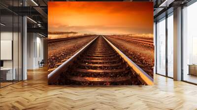 Train tracks goes to horizon in the majestic sunset. Wall mural