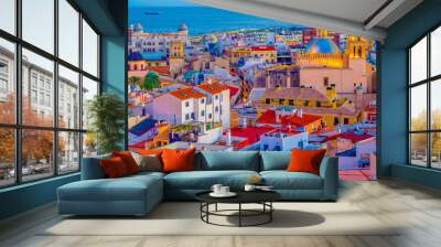 Alicante city view at dusk, Spain; colorful illustration Wall mural