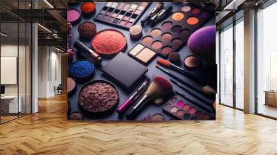 Abstract flat lay background with professional make-up products. Beauty industry accessories. Top view. AI generative image. Wall mural