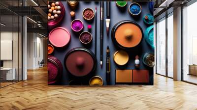 Abstract flat lay background with professional make-up products. Beauty industry accessories. Top view. AI generative image. Wall mural