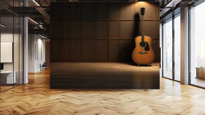 Abstract music rehearsal base with guitar and other equipment. Indoor background. AI generative image. Wall mural