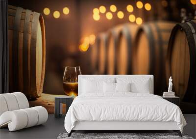 Barrel of wine with wineglass, winery concept background. AI generative image. Wall mural