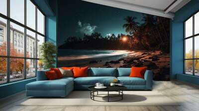 Beautiful beach with palm trees at night. Moon light. Wall mural