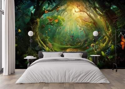 Beautiful fantasy enchanted forest with butterflies, flowers and copy space. Fairy tale outdoor background. AI generative image. Wall mural