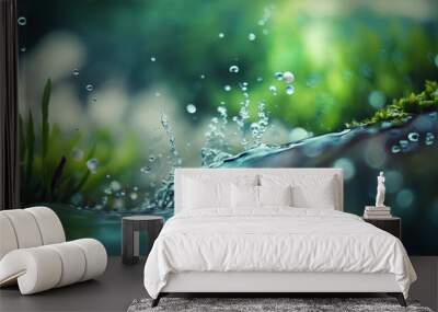 Beautiful spring detailed close up stream of fresh water with young green plants. Horizontal banner, springtime concept. Abstract outdoor wild nature background. AI generative image. Wall mural