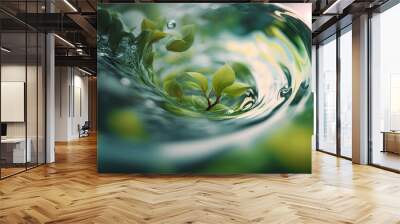 Beautiful spring detailed close up stream of fresh water with young green plants. Horizontal banner, springtime concept. Abstract outdoor wild nature background. AI generative image. Wall mural