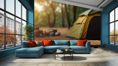 Camping background with blurred forest background and tent. Outdoor nature background. AI generative image. Wall mural