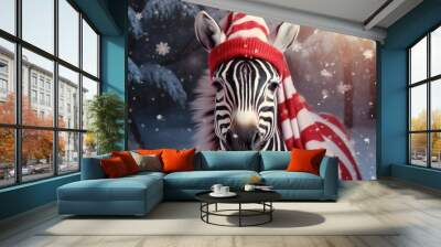 Christmas holidays concept. Cute zebra in Santa red hat. Wall mural