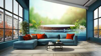 Circular platform, round podium for product display in pond with calm and clear blue water. Showcase in outdoor spring nature background with copy space. AI generative image. Wall mural