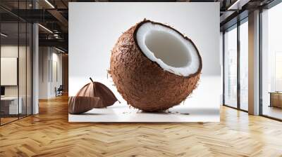 Close up cracked half part of coconut on white background. Healthy delicious food. AI generative image. Wall mural