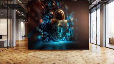 Cyber security digital shield for protecting data, abstract futuristic horizontal background. AI generative image. Wall mural