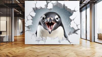 Excited Penguin Breaking Through Wall Wall mural