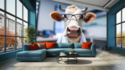 Funny cow scientist in a laboratory. Wall mural