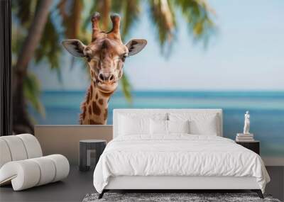 Giraffe Working on Laptop at Beach. Wall mural