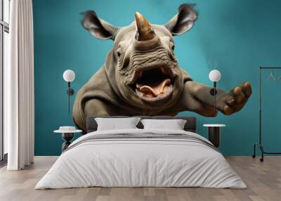 Happy rhinoceros jumping and having fun. Wall mural