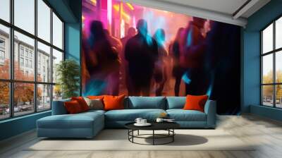 Illustration of crowded night club disco party. Silhouettes of people with long exposure effect. Indoor background. AI generative image. Wall mural