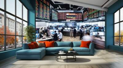 Illustration of trading floor, stock market exchange indoor backgrounds with round workplaces and displays showing financial data. Businesspeople. AI generative image. Wall mural