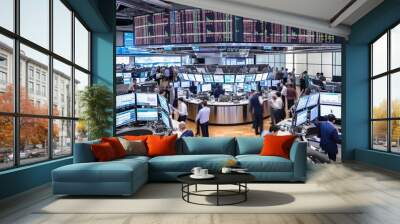 Illustration of trading floor, stock market exchange indoor backgrounds with round workplaces and displays showing financial data. Businesspeople. Wall mural