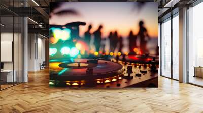 Outdoor night beach music party. Professional sound system dj console on foreground and blurred crowd of happy dancing people on background. AI generative image. Wall mural