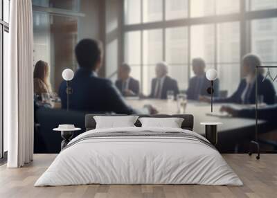 Panoramic view of business meeting in boardroom office interior. Selective focus. Big table with colleagues discussing work project. Horizontal banner with copy space. AI generative image. Wall mural