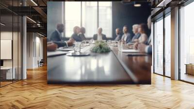 Panoramic view of business meeting in boardroom office interior. Selective focus. Big table with colleagues discussing work project. Horizontal banner with copy space. AI generative image. Wall mural