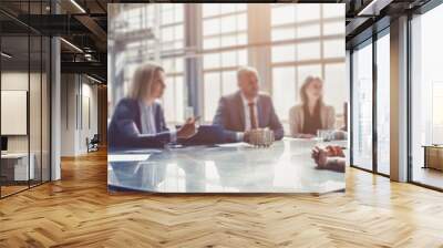 Panoramic view of business meeting in boardroom. Focus on office table and blurred people on backdrop. Team discussing work project. Horizontal banner with copy space. AI generative image. Wall mural