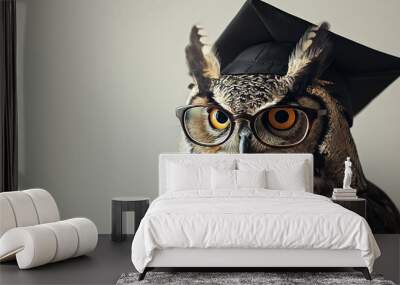 Portrait of owl wearing a graduation cap and glasses. Wall mural